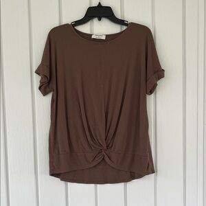 Zenana Brown Short Sleeve Knotted Top